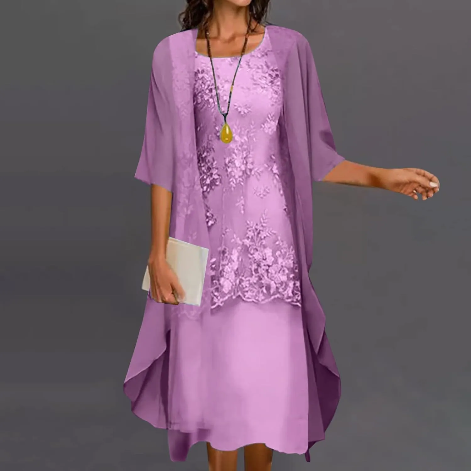 Womens Flowy Floral Dresses with Jacket 2 Piece Set 3/4 Sleeve Sheer Chiffon Summer Cocktail Wedding Guest Dress