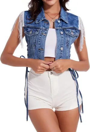 Women's Fringe Sleeveless Cropped Denim Vest Jean Jacket Outfit Tops