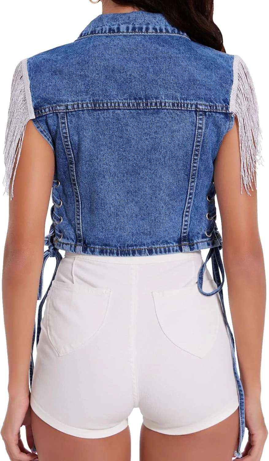 Women's Fringe Sleeveless Cropped Denim Vest Jean Jacket Outfit Tops