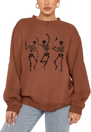 Women's Halloween Dancing Skeleton Sweatshirts Spooky Season Horror Skull Printed Pullover Shirt Oversized Tee Top