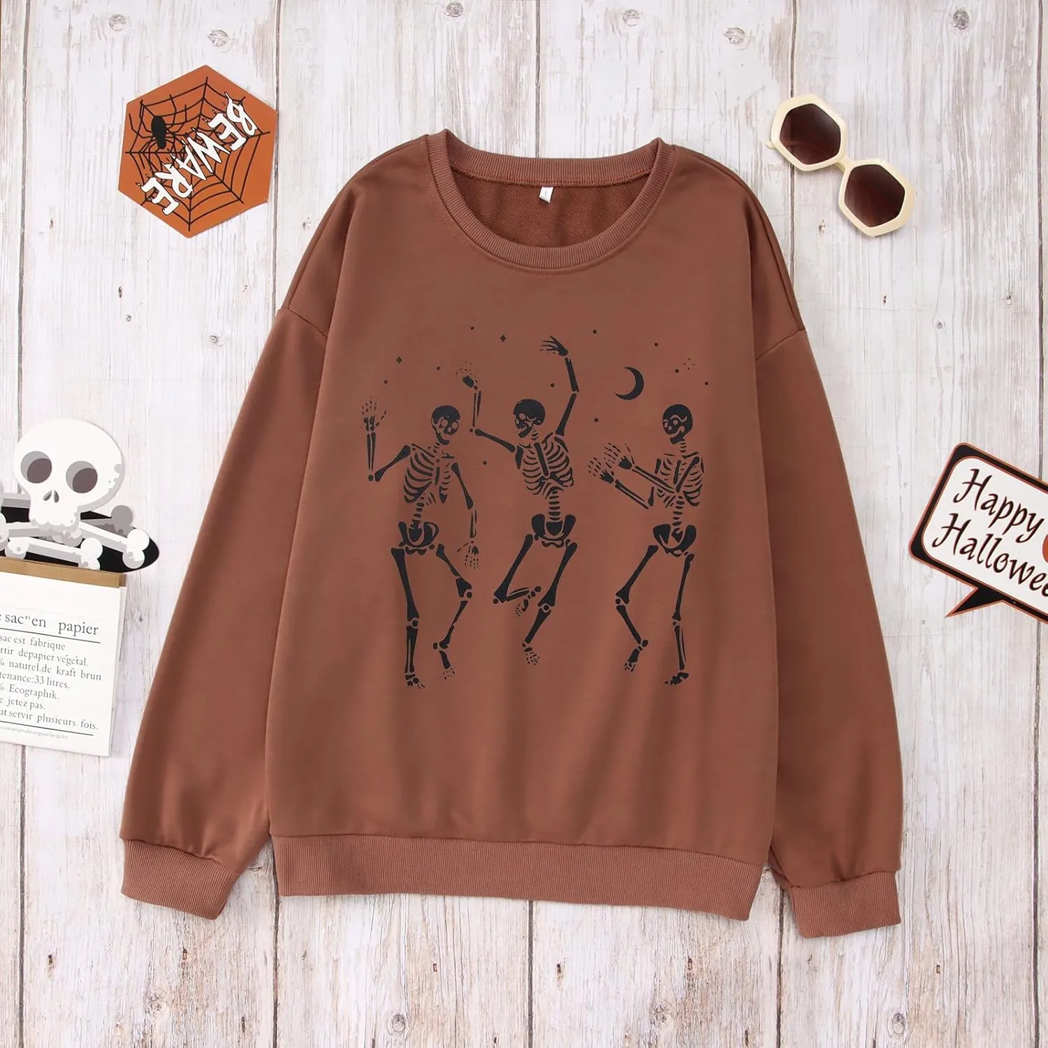 Women's Halloween Dancing Skeleton Sweatshirts Spooky Season Horror Skull Printed Pullover Shirt Oversized Tee Top