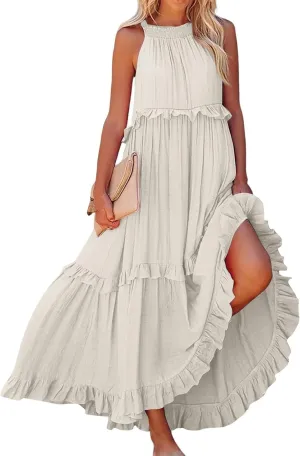Womens Halter Neck Maxi Dress Sleeveless Sexy Tiered Flowy Long Dress Summer Loose Smocked Ruffle Swing Beach Dresses