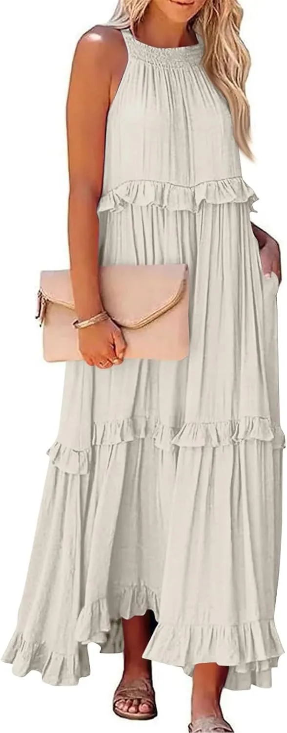 Womens Halter Neck Maxi Dress Sleeveless Sexy Tiered Flowy Long Dress Summer Loose Smocked Ruffle Swing Beach Dresses