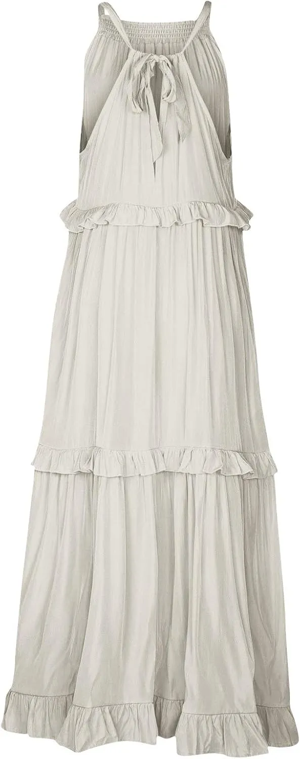 Womens Halter Neck Maxi Dress Sleeveless Sexy Tiered Flowy Long Dress Summer Loose Smocked Ruffle Swing Beach Dresses