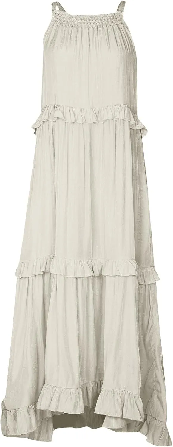 Womens Halter Neck Maxi Dress Sleeveless Sexy Tiered Flowy Long Dress Summer Loose Smocked Ruffle Swing Beach Dresses