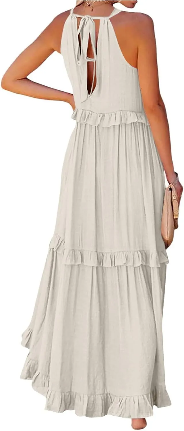Womens Halter Neck Maxi Dress Sleeveless Sexy Tiered Flowy Long Dress Summer Loose Smocked Ruffle Swing Beach Dresses