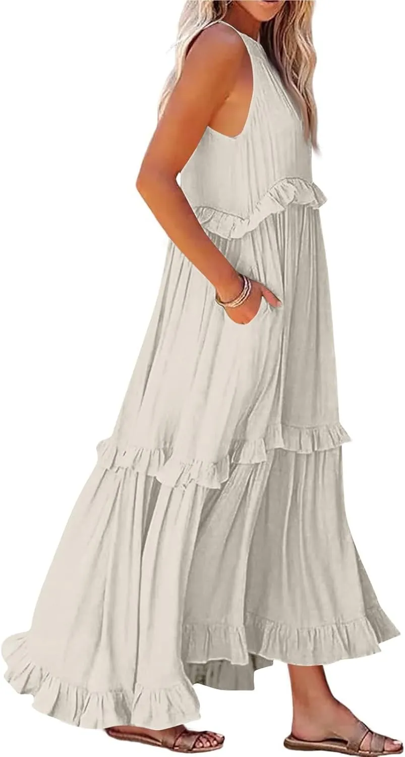 Womens Halter Neck Maxi Dress Sleeveless Sexy Tiered Flowy Long Dress Summer Loose Smocked Ruffle Swing Beach Dresses