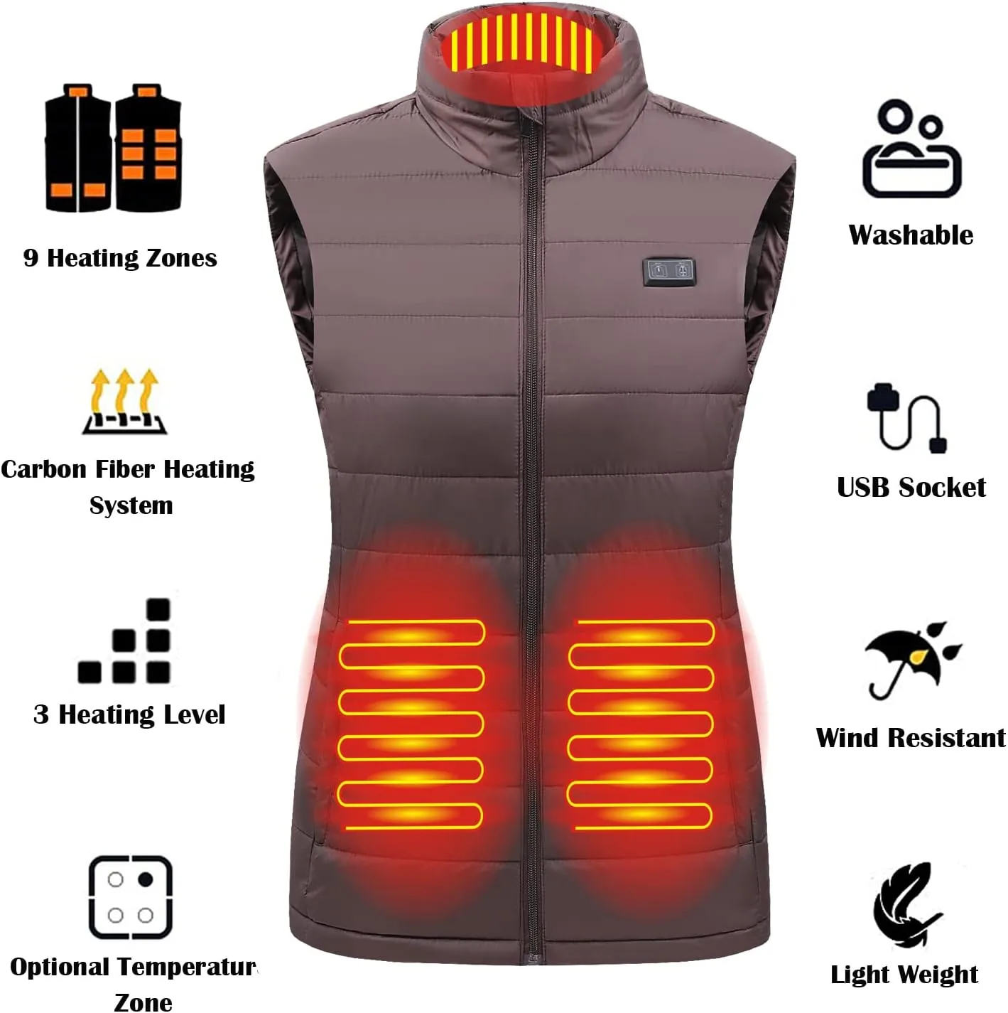 Womens Heated Vest with 3 Heating Levels, 9 Heating Zones, Washable Stand Collar Lightweight Zip Heated Vest