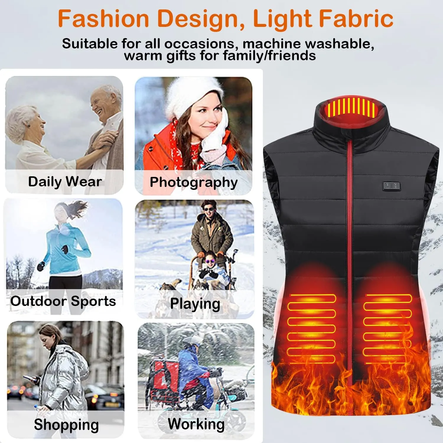 Womens Heated Vest with 3 Heating Levels, 9 Heating Zones, Washable Stand Collar Lightweight Zip Heated Vest