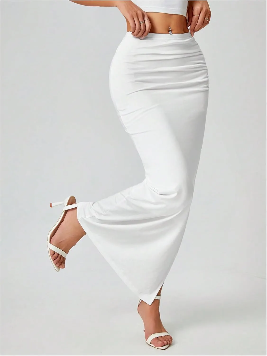 Women's High Waist Maxi Skirt Ruched Side Split Thigh Elegant Bodycon Long Skirts