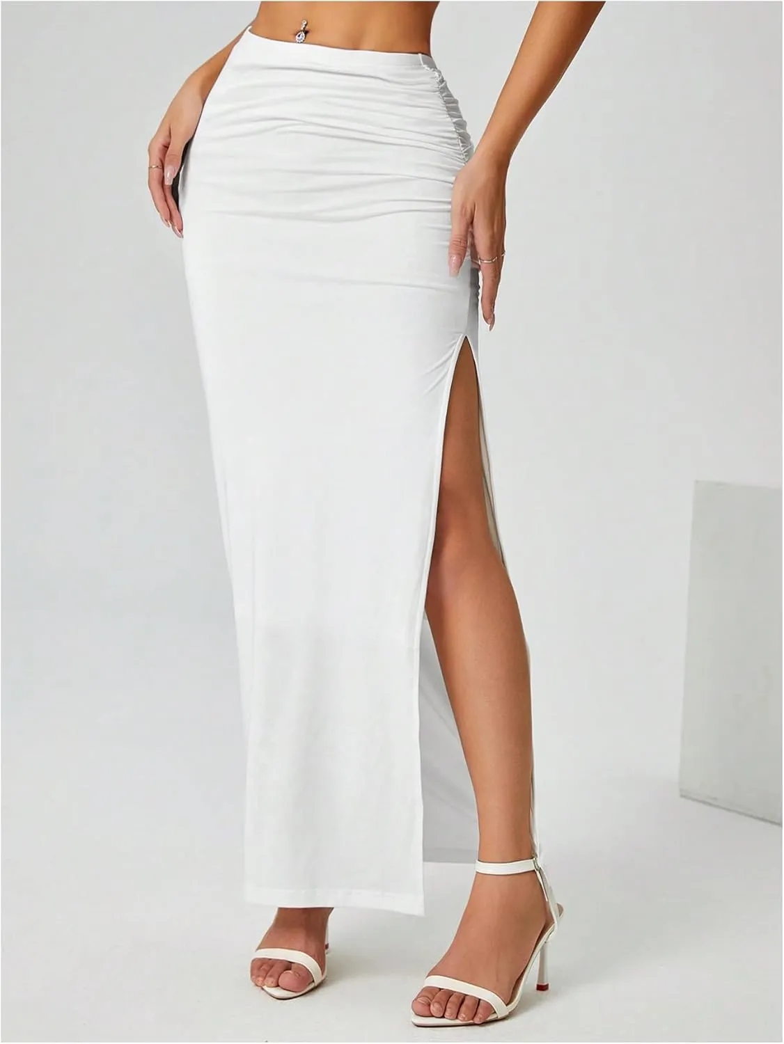 Women's High Waist Maxi Skirt Ruched Side Split Thigh Elegant Bodycon Long Skirts