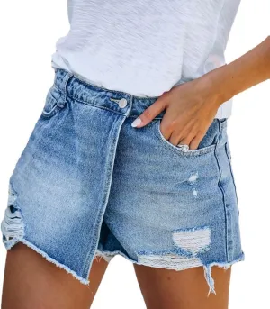 Women's High Waisted Jean Skorts Ripped Frayed Raw Hem Stretchy Denim Shorts Summer Y2K Trendy Pockets Workout Short