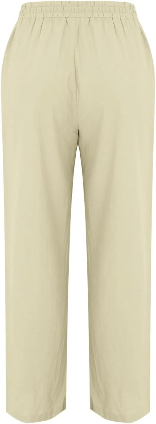 Womens Linen Blend Drawstring Pants Casual Summer Loose Fit Straight Leg Trousers Mid-Rise Elastic Waist Comfy Lounge Pants