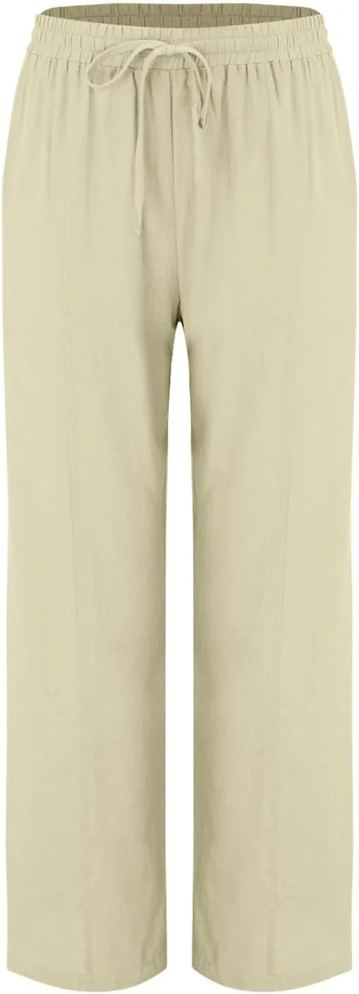 Womens Linen Blend Drawstring Pants Casual Summer Loose Fit Straight Leg Trousers Mid-Rise Elastic Waist Comfy Lounge Pants