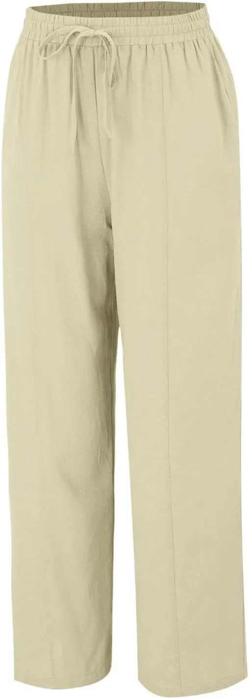 Womens Linen Blend Drawstring Pants Casual Summer Loose Fit Straight Leg Trousers Mid-Rise Elastic Waist Comfy Lounge Pants