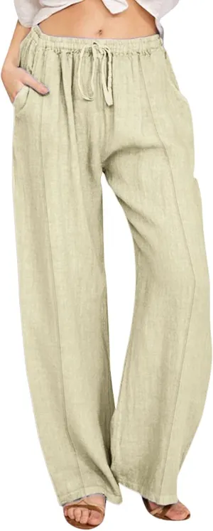 Womens Linen Blend Drawstring Pants Casual Summer Loose Fit Straight Leg Trousers Mid-Rise Elastic Waist Comfy Lounge Pants