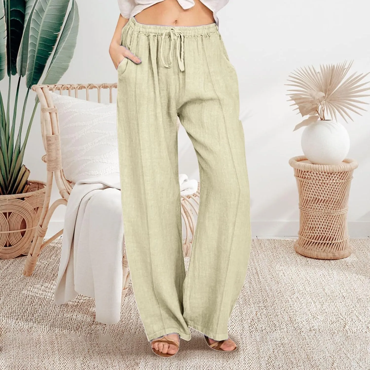 Womens Linen Blend Drawstring Pants Casual Summer Loose Fit Straight Leg Trousers Mid-Rise Elastic Waist Comfy Lounge Pants