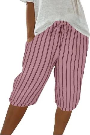 Womens Linen Wide Leg Pants Loose High Waisted Drawstring Baggy Beach Trousers Casual Bermuda Shorts with Pockets