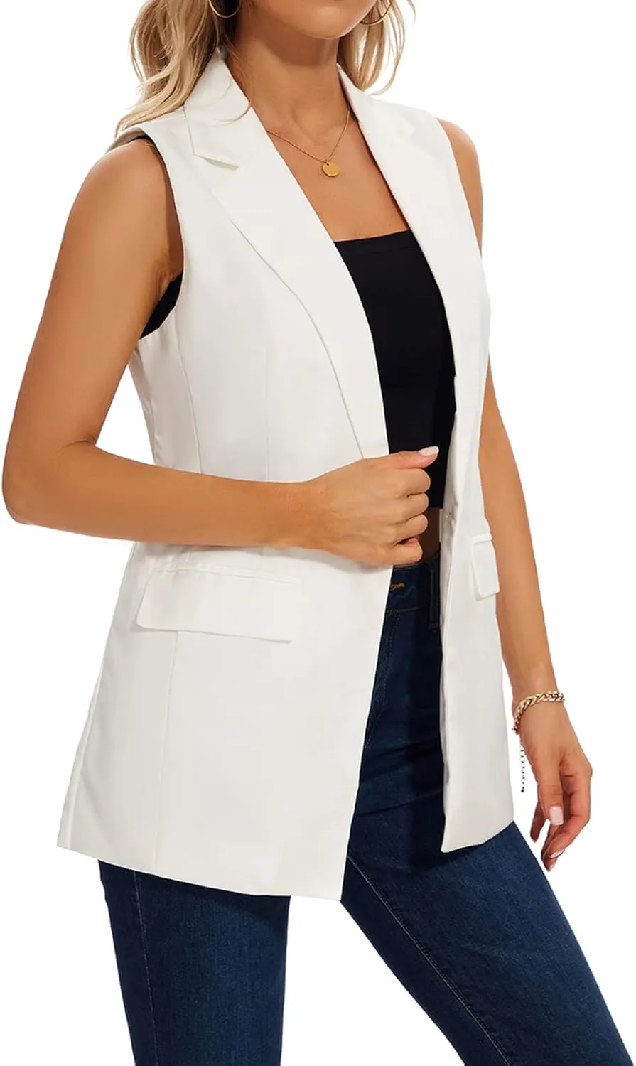 Women's Long Sleeveless Blazer Vests Casual Lapel Office Cardigans Vest Open Front Jacket Blazers