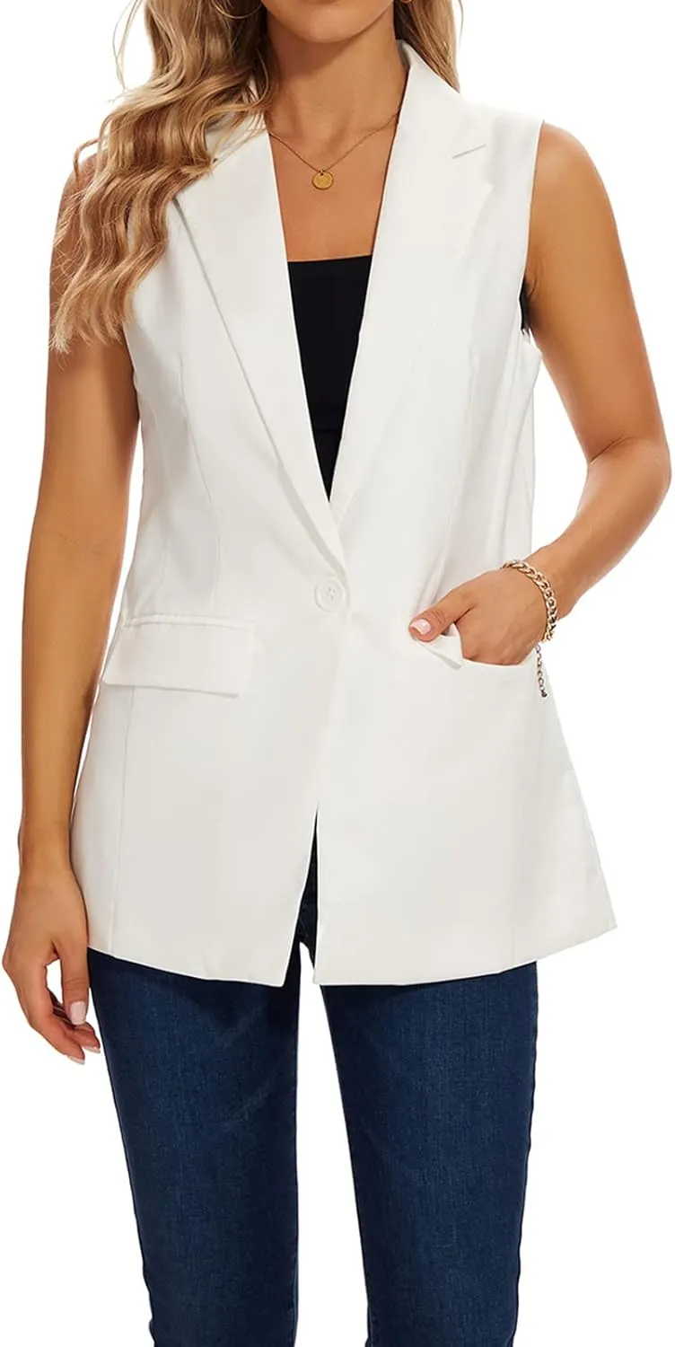 Women's Long Sleeveless Blazer Vests Casual Lapel Office Cardigans Vest Open Front Jacket Blazers