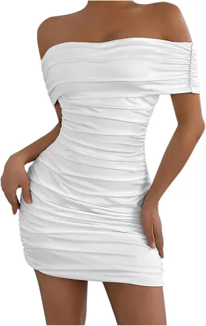 Womens Off The Shoulder Midi Dress Summer Casual Slim Fit Smocked Pleated Formal Party Evening Club Cocktail Dresses