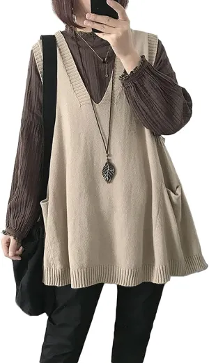 Women's Oversized Sweater Vest Fall V Neck Sleeveless Pullover Sweater Loose Knitted Tunic Tops with Pockets