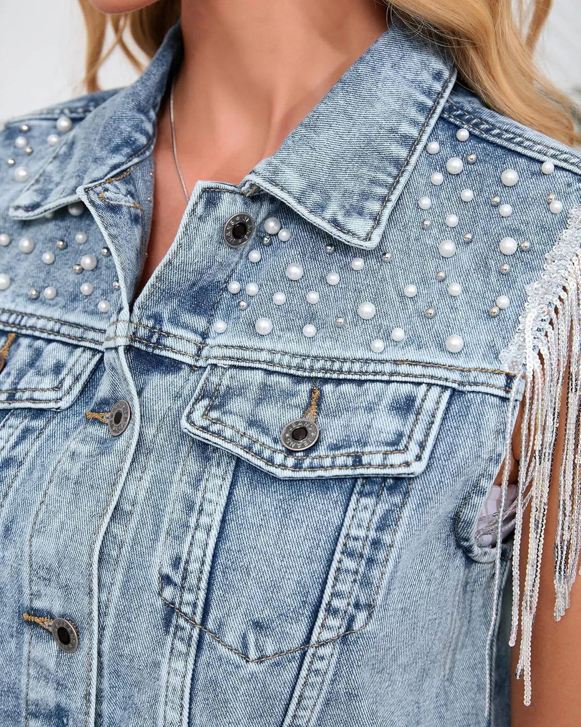 Women's Pearls Beading Denim Vest Sleeveless Sequin Fringe Jean Vest Casual Vintage Crop Top