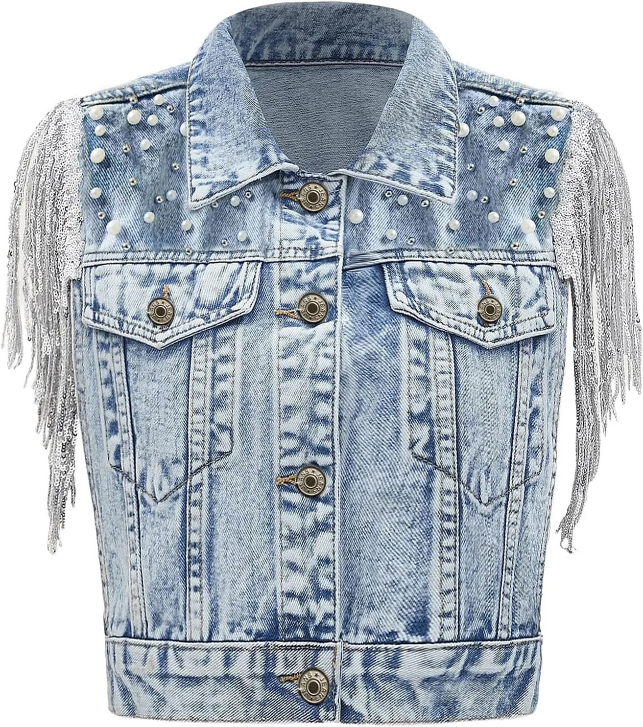 Women's Pearls Beading Denim Vest Sleeveless Sequin Fringe Jean Vest Casual Vintage Crop Top