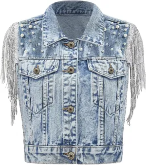 Women's Pearls Beading Denim Vest Sleeveless Sequin Fringe Jean Vest Casual Vintage Crop Top