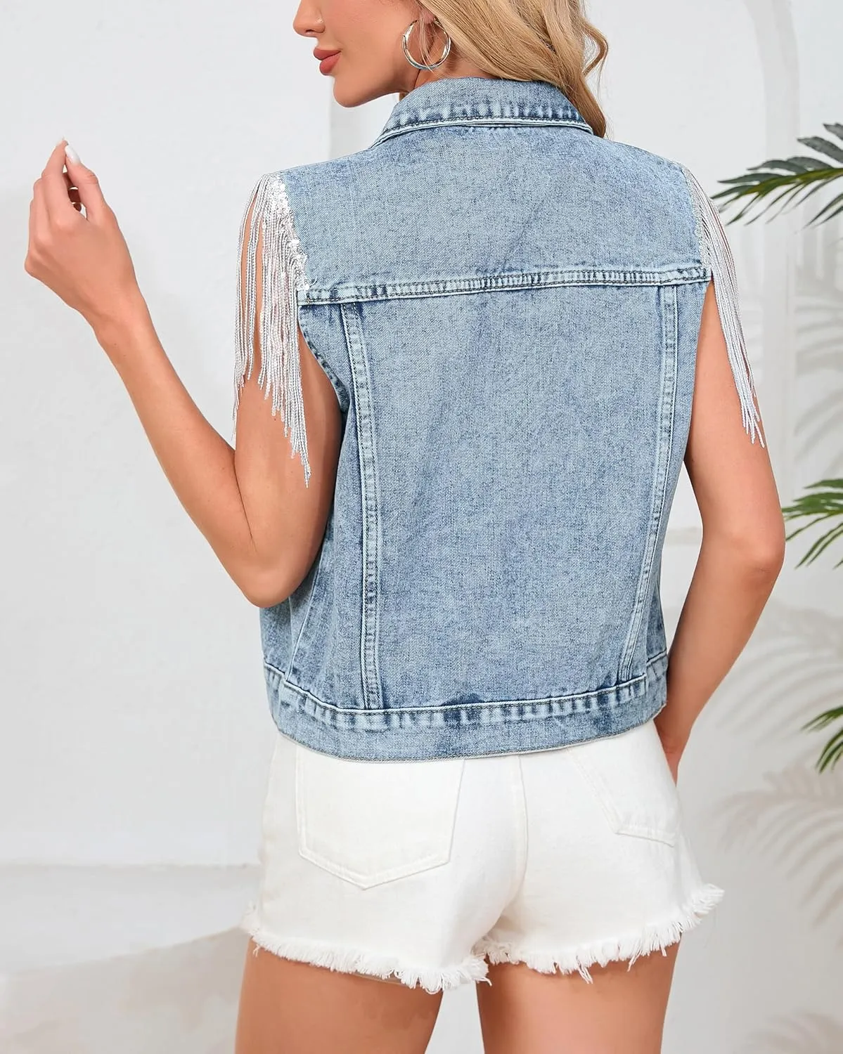 Women's Pearls Beading Denim Vest Sleeveless Sequin Fringe Jean Vest Casual Vintage Crop Top