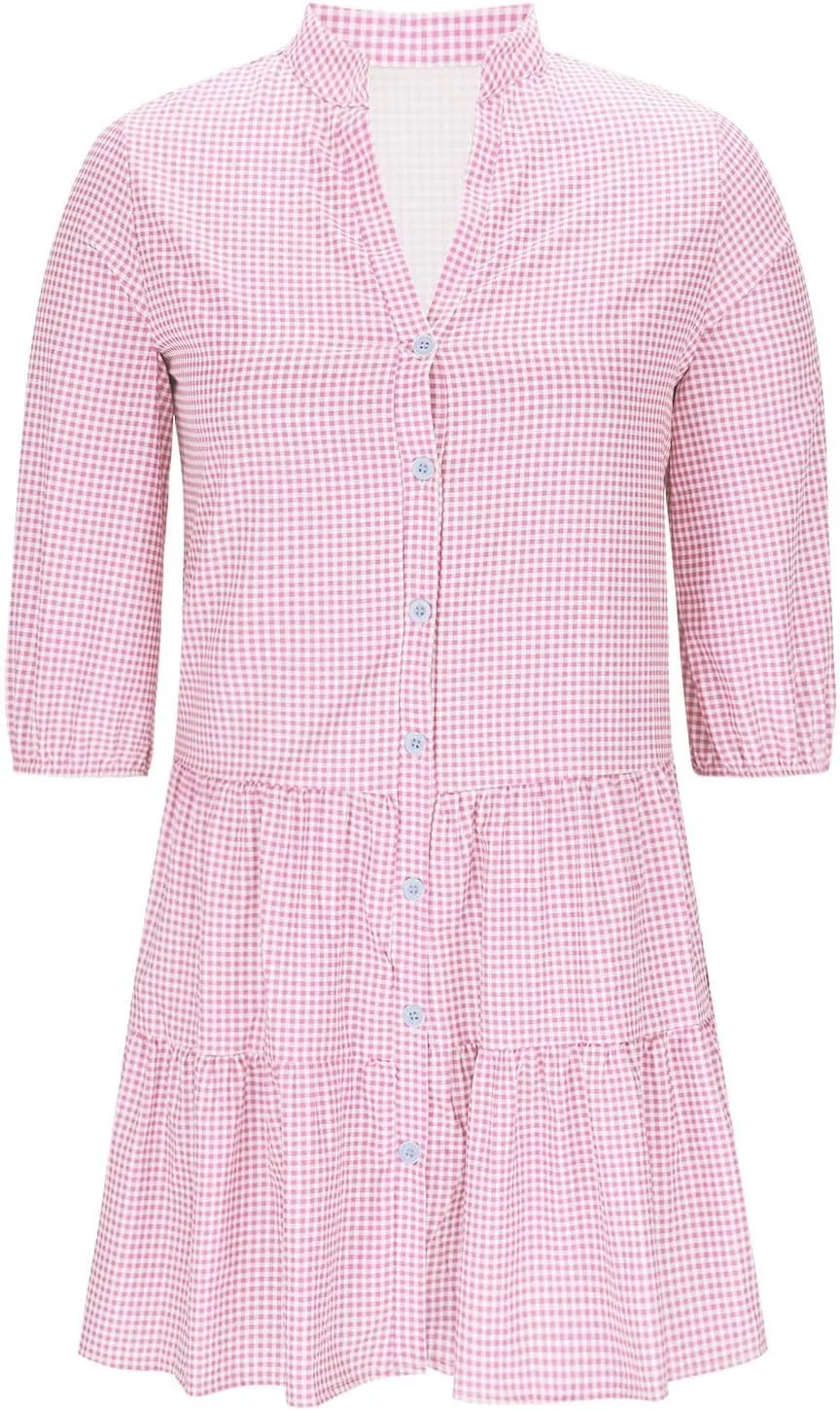 Women's Plaid Button Down Summer Dresses Trendy 2025 Sleeveless V Neck Mini Dress Casual Loose Babydoll Swing Dress