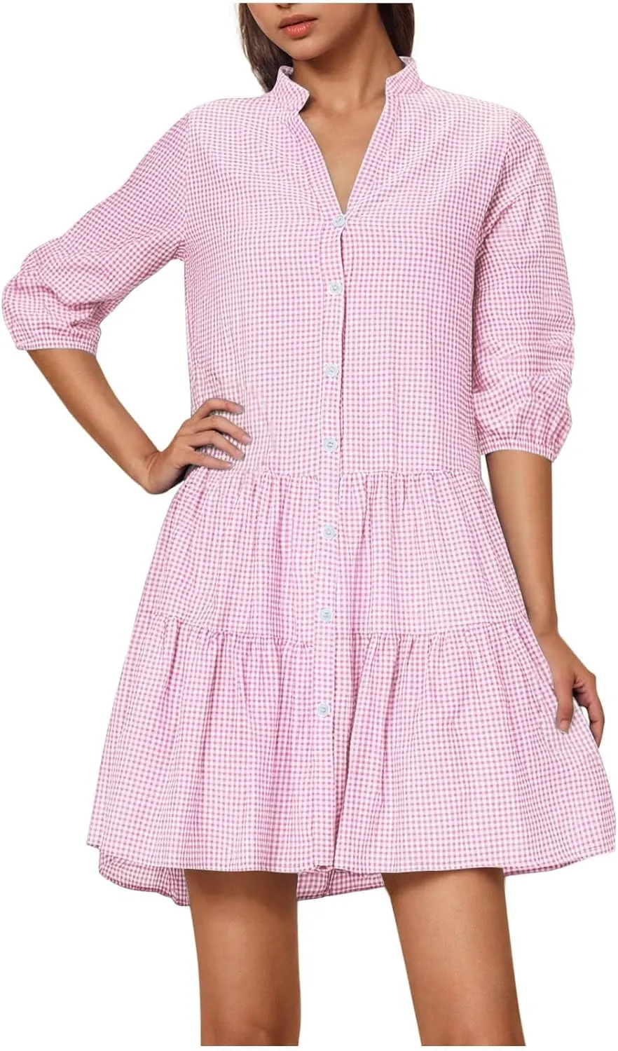 Women's Plaid Button Down Summer Dresses Trendy 2025 Sleeveless V Neck Mini Dress Casual Loose Babydoll Swing Dress
