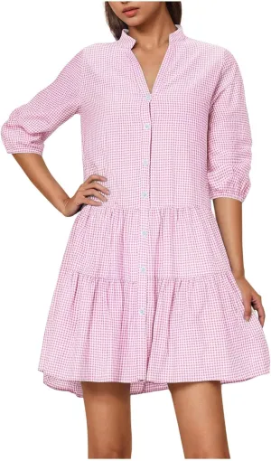 Women's Plaid Button Down Summer Dresses Trendy 2025 Sleeveless V Neck Mini Dress Casual Loose Babydoll Swing Dress