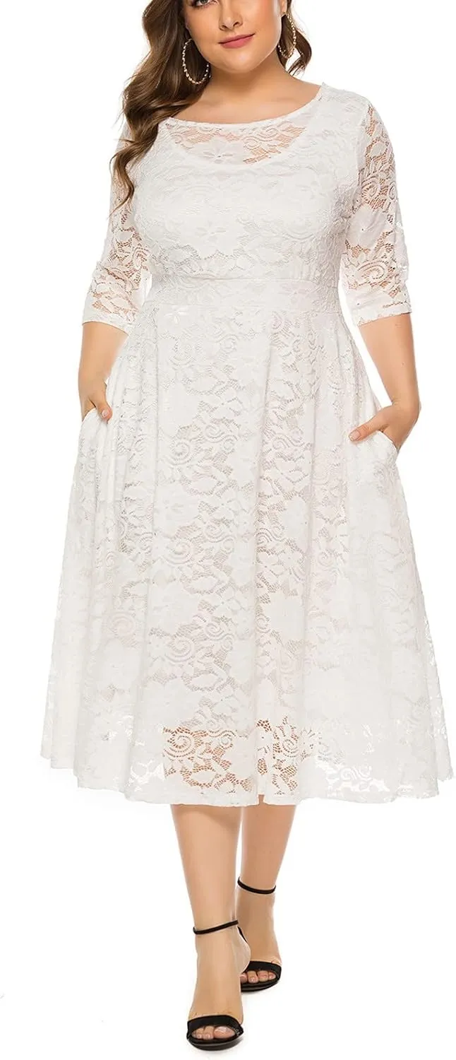 Womens Plus Size Wedding Guest Dresses A-Line Floral Lace Flowy Cocktail Party Dress Scoop Neck 3/4 Sleeve Midi Dress