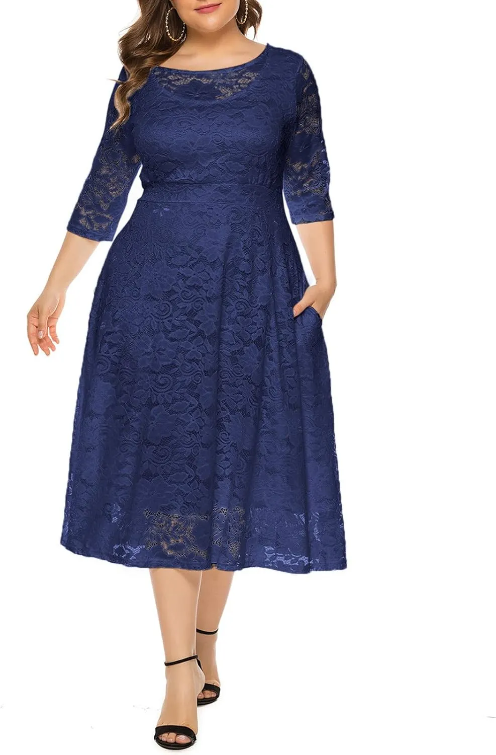 Womens Plus Size Wedding Guest Dresses A-Line Floral Lace Flowy Cocktail Party Dress Scoop Neck 3/4 Sleeve Midi Dress