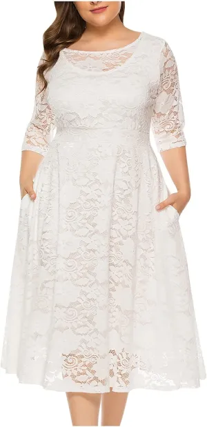 Womens Plus Size Wedding Guest Dresses A-Line Floral Lace Flowy Cocktail Party Dress Scoop Neck 3/4 Sleeve Midi Dress