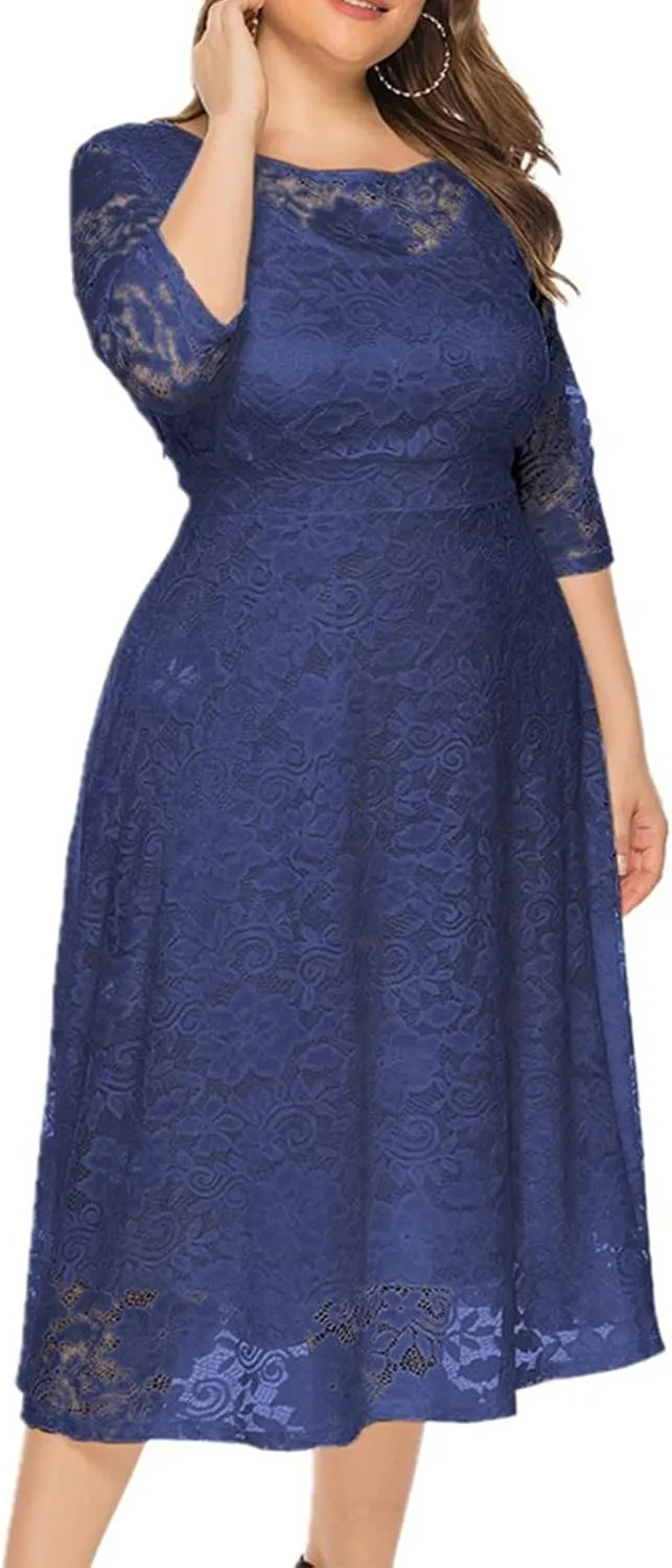 Womens Plus Size Wedding Guest Dresses A-Line Floral Lace Flowy Cocktail Party Dress Scoop Neck 3/4 Sleeve Midi Dress