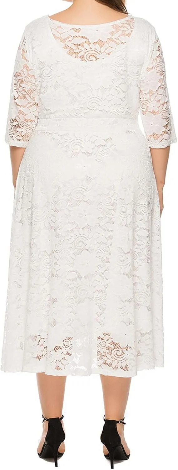 Womens Plus Size Wedding Guest Dresses A-Line Floral Lace Flowy Cocktail Party Dress Scoop Neck 3/4 Sleeve Midi Dress
