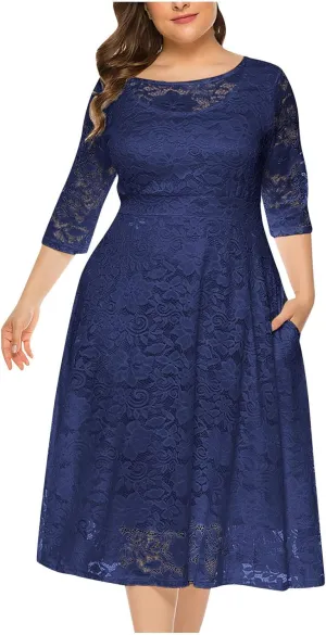 Womens Plus Size Wedding Guest Dresses A-Line Floral Lace Flowy Cocktail Party Dress Scoop Neck 3/4 Sleeve Midi Dress