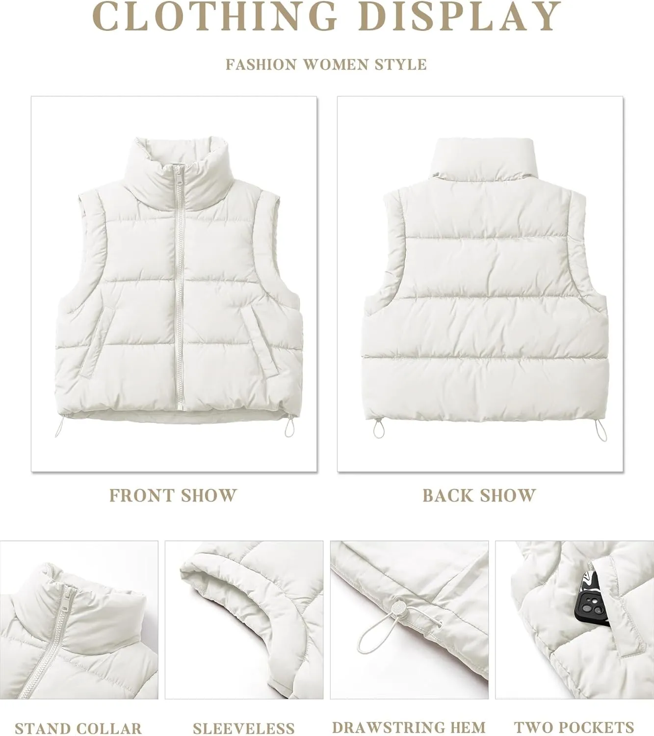Women's Puffer Vest Lightweight Sleeveless Winter Outerwear Full Zipper Warm Padded Gilet Jacket Coat with Pockets