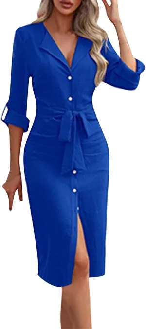 Women's Roll Up Long Sleeve Button Down Shirt Dress Casual Loose Front Split Work Business Dressy Midi Dresses with Belt