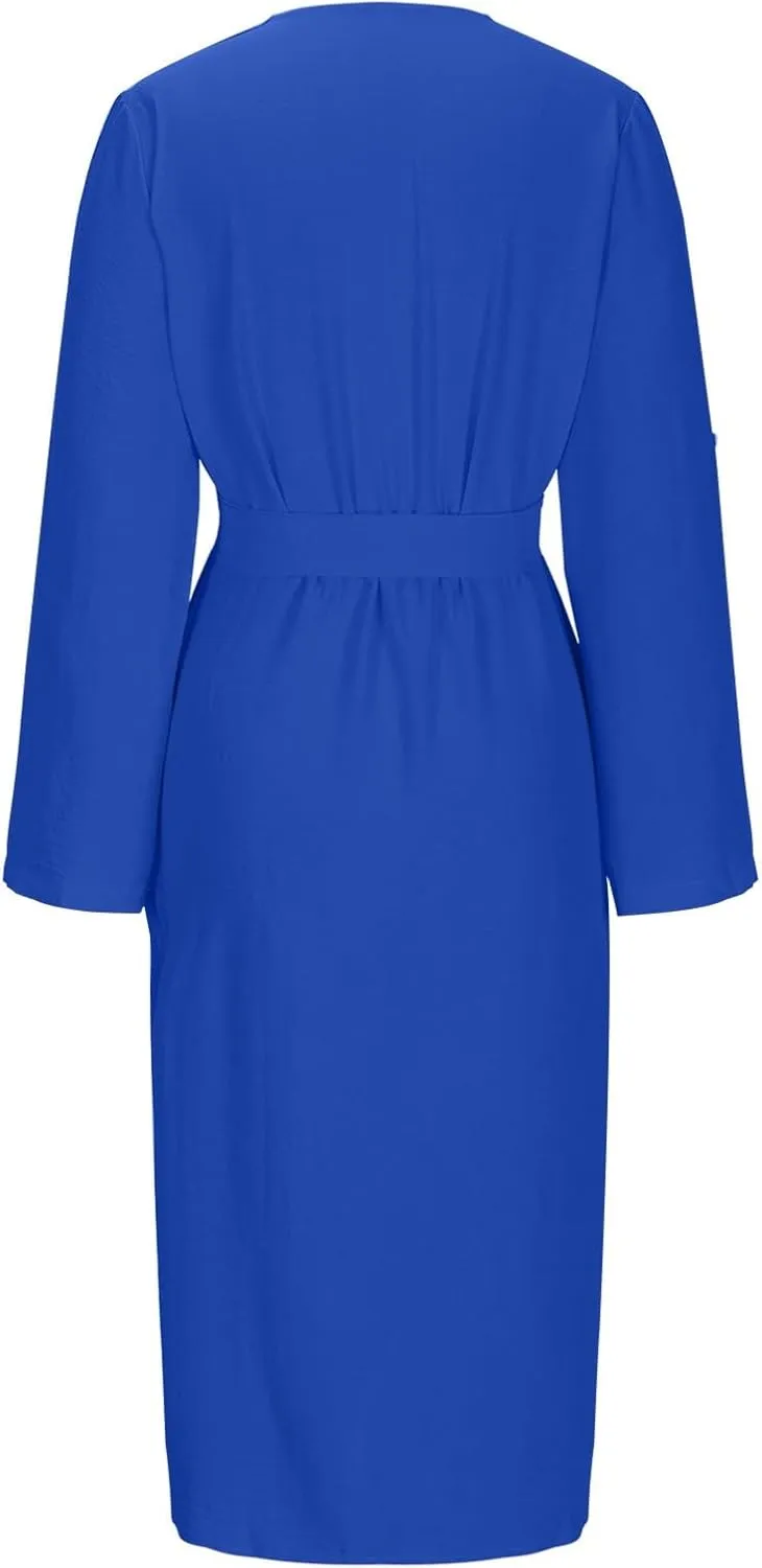 Women's Roll Up Long Sleeve Button Down Shirt Dress Casual Loose Front Split Work Business Dressy Midi Dresses with Belt