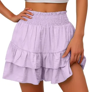 Womens Ruffle Flowy Shorts Casual Boho Elastic High Waisted Butterfly Shorts Cute Summer Tiered Tennis Skorts for Women