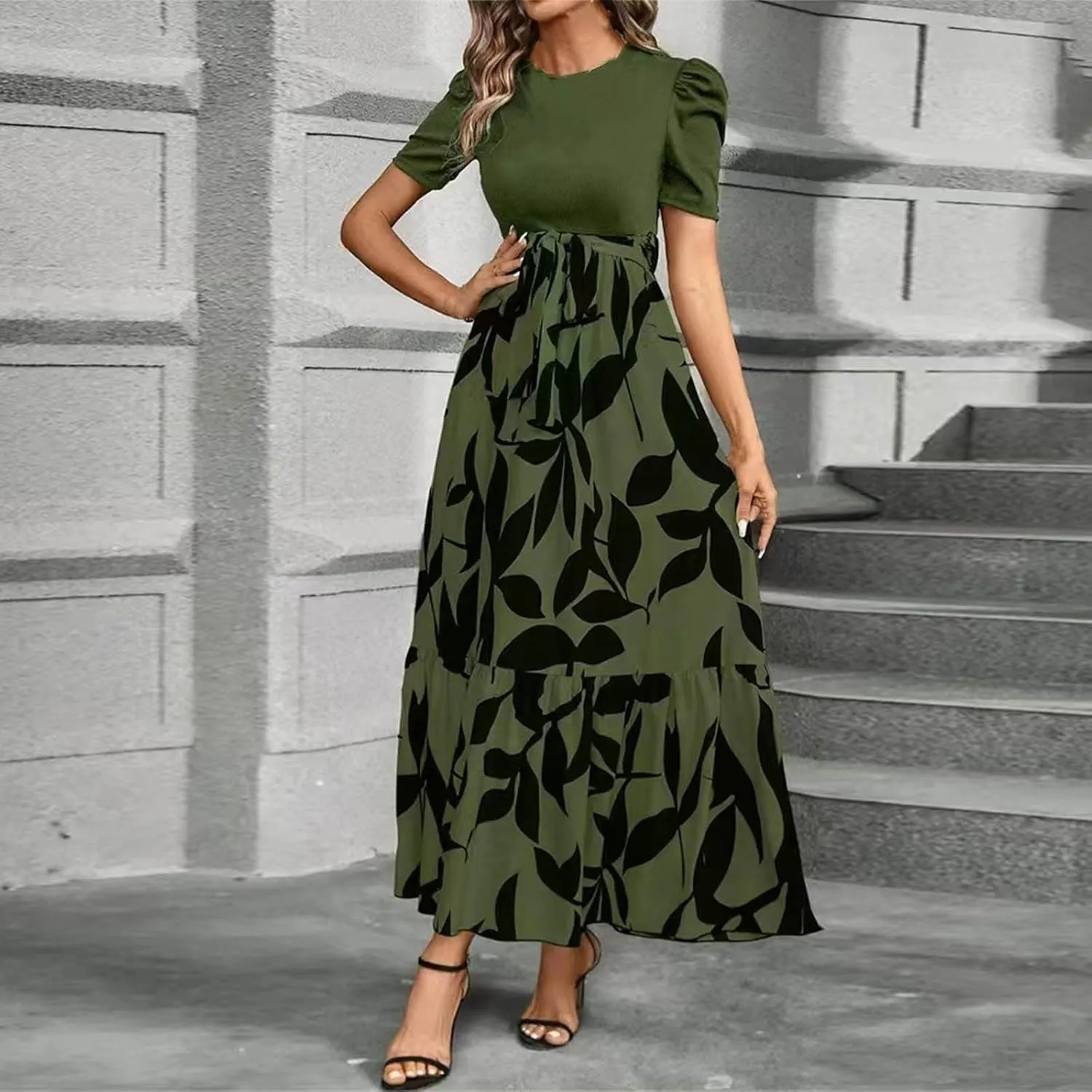 Womens Ruffle Short Sleeve 2025 Maxi Dress Summer Casual Dresses Long Flowy Floral Printed Dresses with Pockets