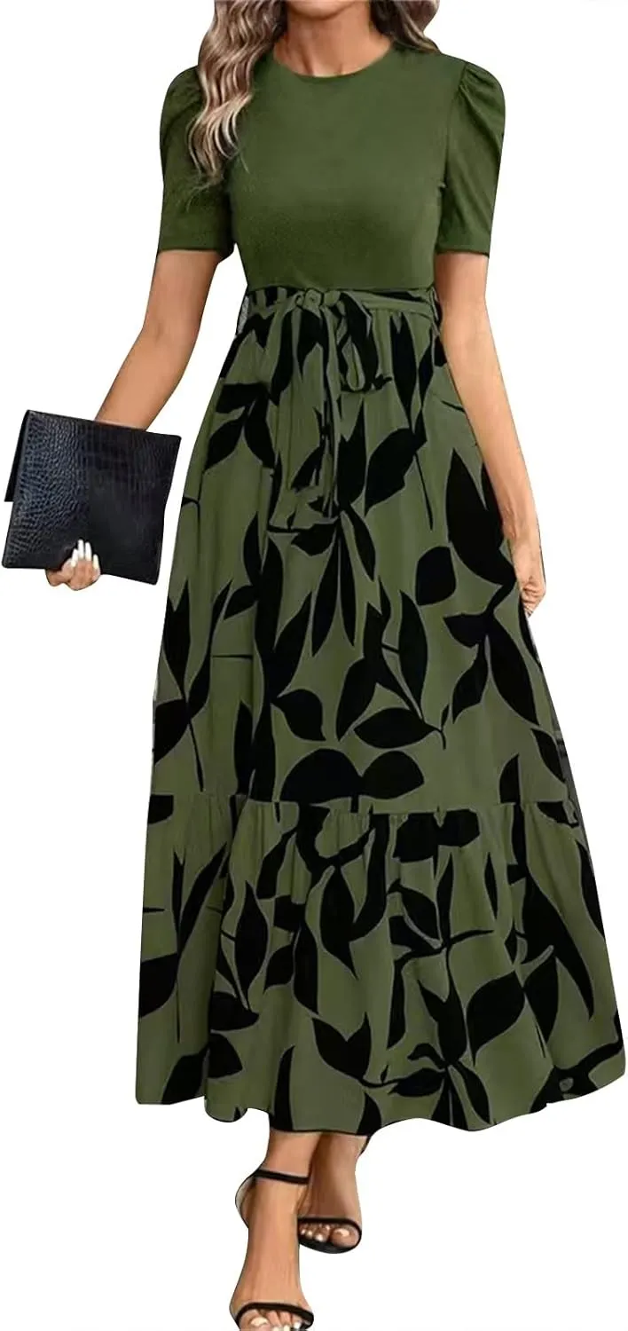 Womens Ruffle Short Sleeve 2025 Maxi Dress Summer Casual Dresses Long Flowy Floral Printed Dresses with Pockets