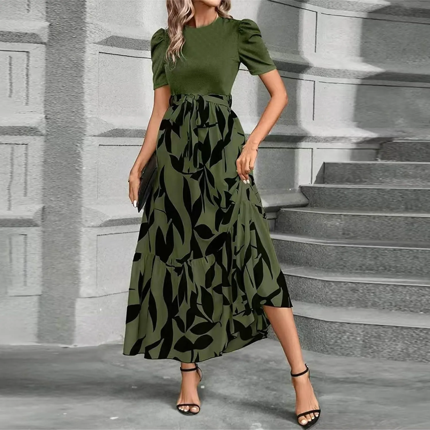 Womens Ruffle Short Sleeve 2025 Maxi Dress Summer Casual Dresses Long Flowy Floral Printed Dresses with Pockets