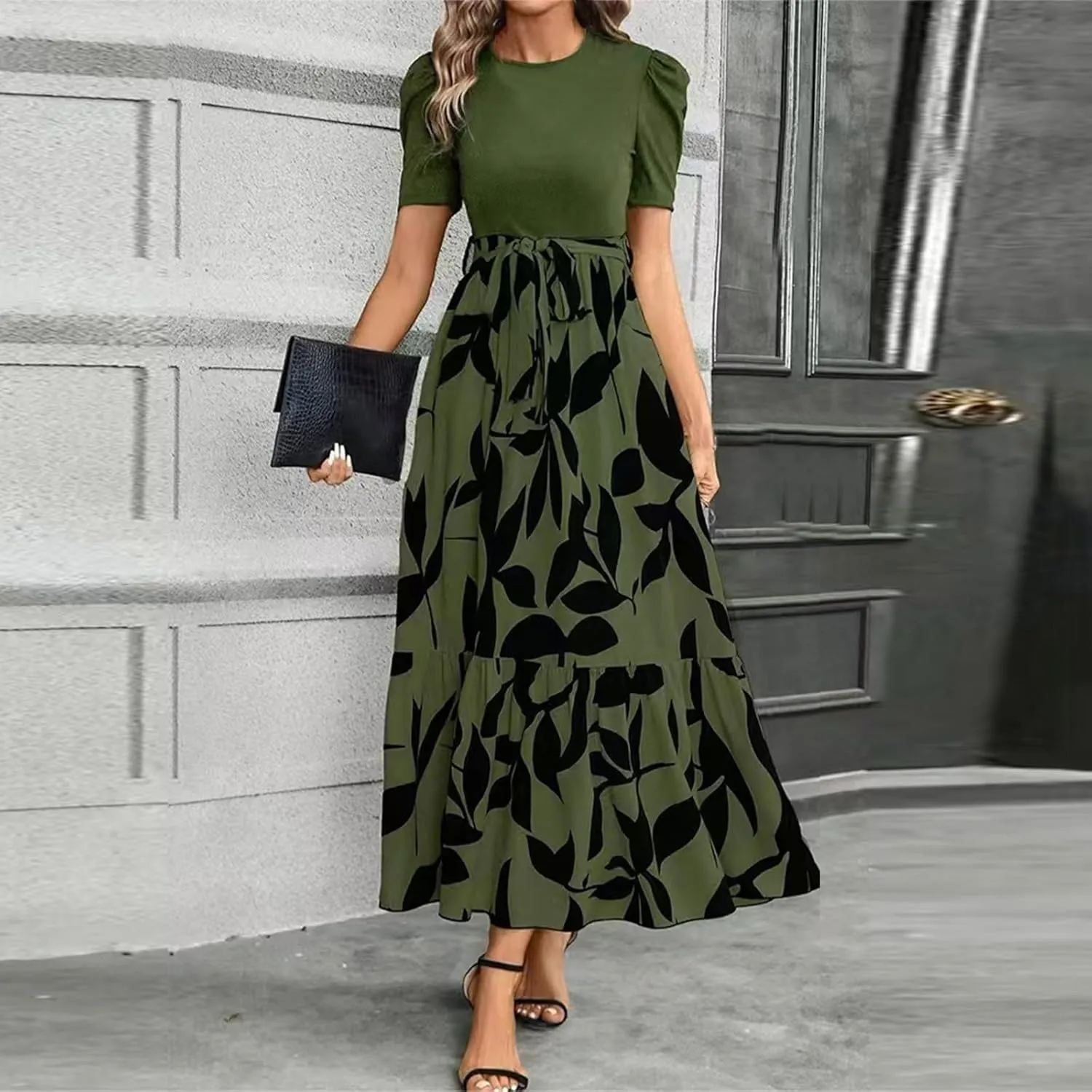Womens Ruffle Short Sleeve 2025 Maxi Dress Summer Casual Dresses Long Flowy Floral Printed Dresses with Pockets
