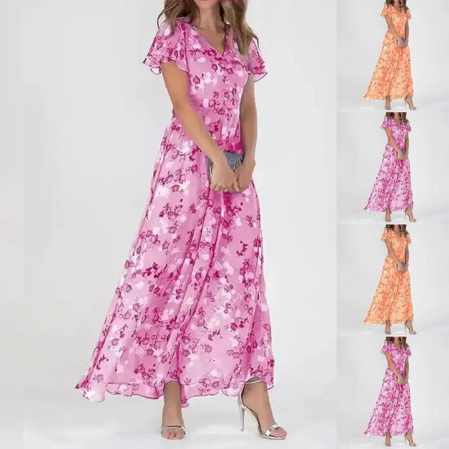 Womens Ruffle Sleeve Summer Dresses 2024 Elegant Chiffon Dresses Floral Wrap V Neck Maxi Dress Boho Beach Flowy Dress