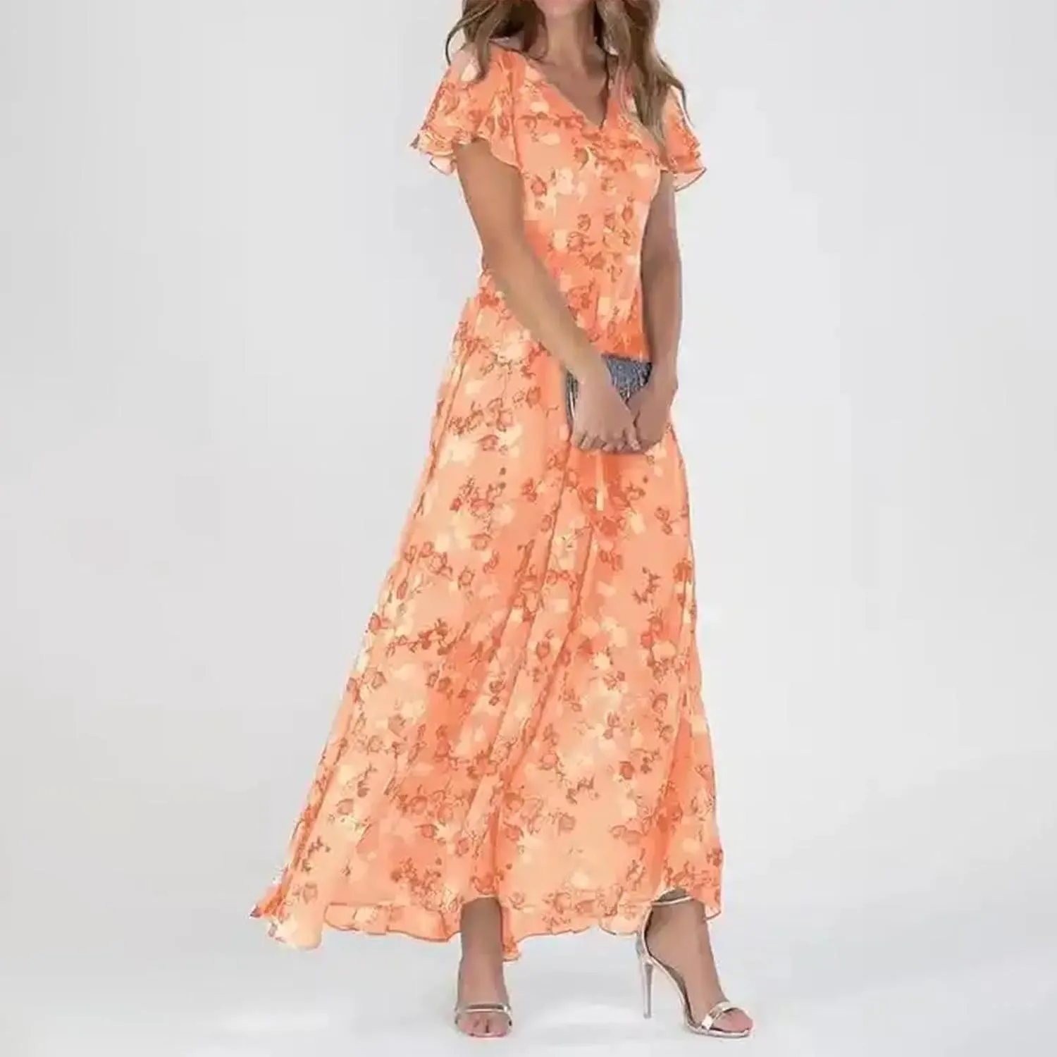 Womens Ruffle Sleeve Summer Dresses 2024 Elegant Chiffon Dresses Floral Wrap V Neck Maxi Dress Boho Beach Flowy Dress