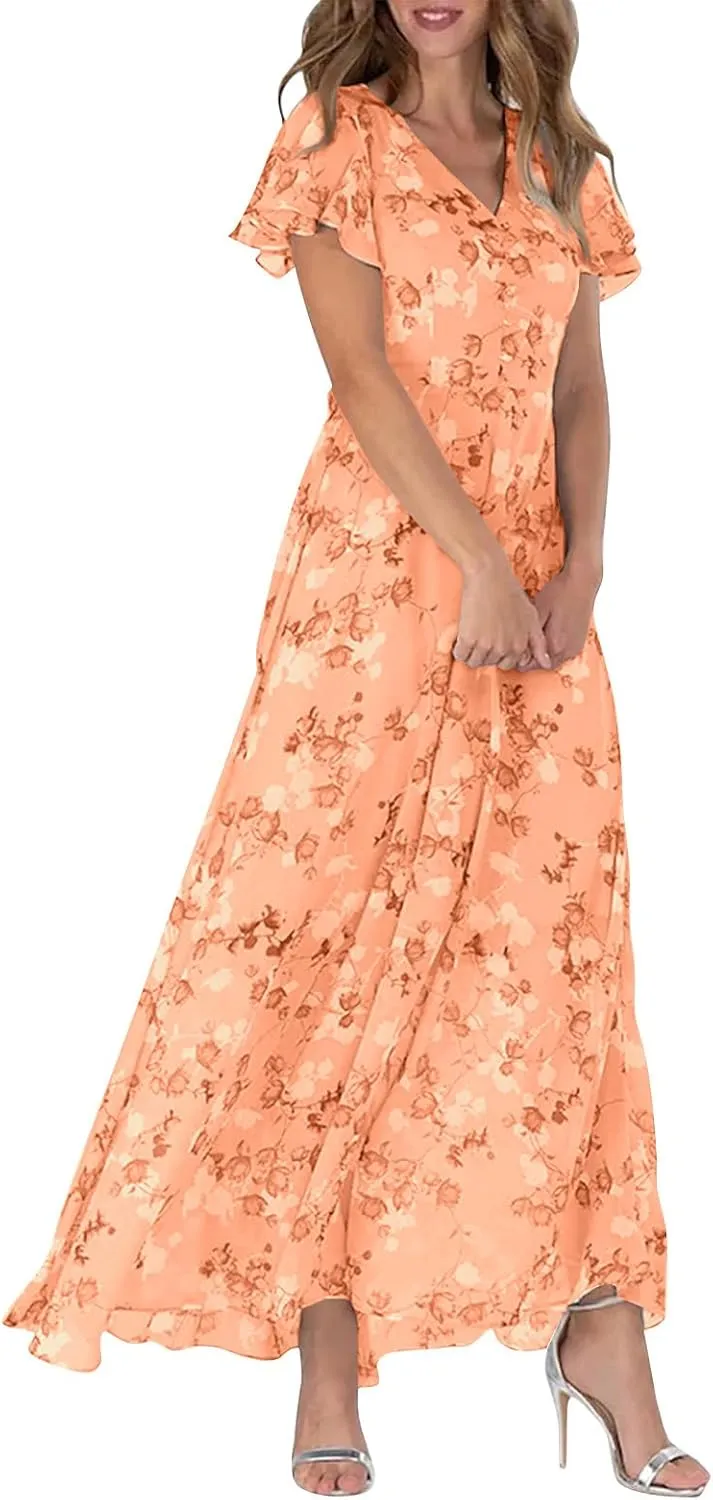 Womens Ruffle Sleeve Summer Dresses 2024 Elegant Chiffon Dresses Floral Wrap V Neck Maxi Dress Boho Beach Flowy Dress
